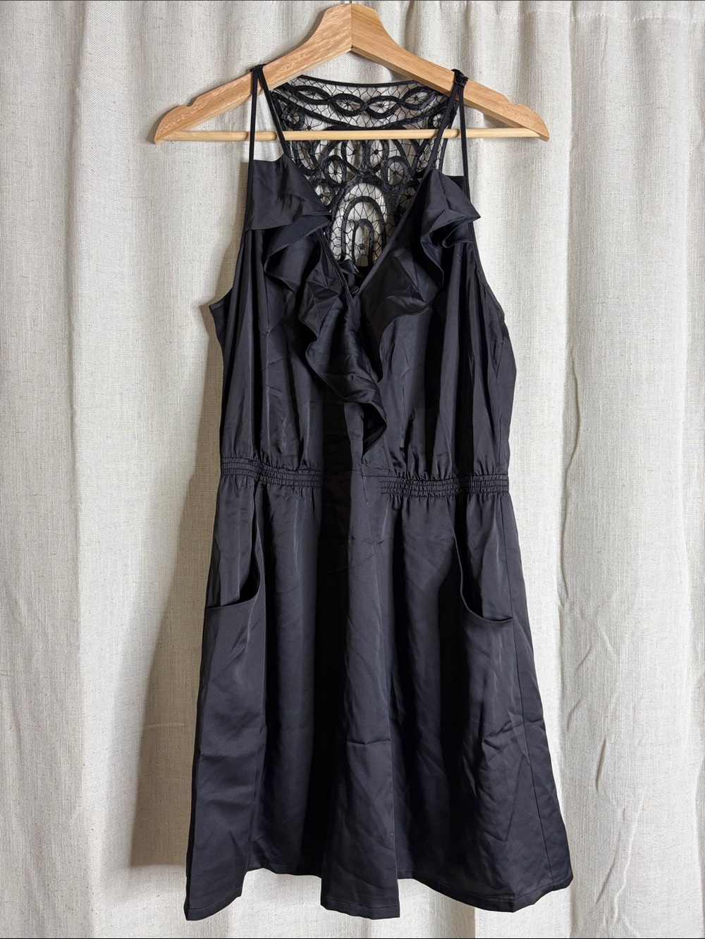 Nine West Black Ruffled Mini Dress with Lace Back